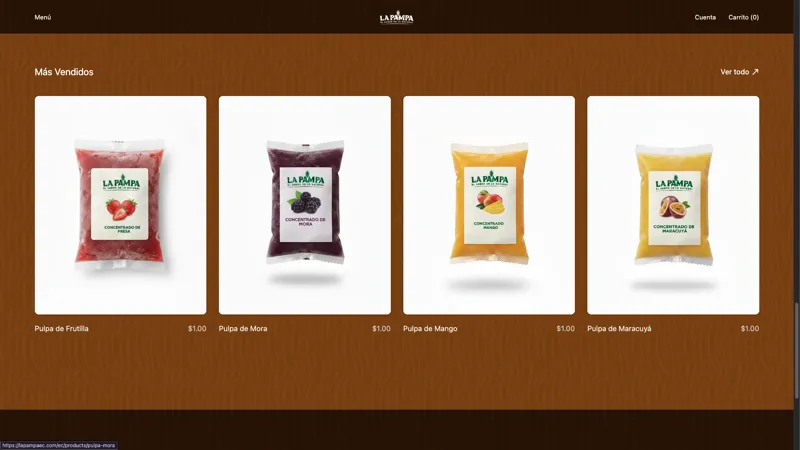 La Pampa product catalog showing best-selling frozen fruit pulps