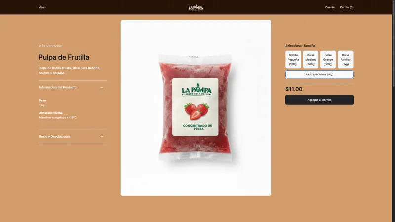 La Pampa product detail page with size selection and add-to-cart