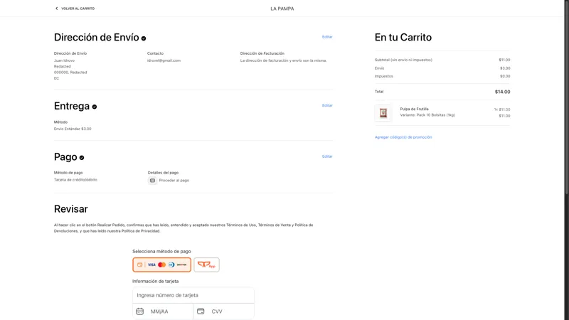 La Pampa order review with shipping, payment, and cart confirmation