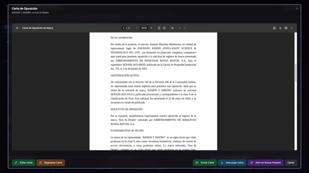 Markatzy AI-generated opposition letter for trademark conflicts